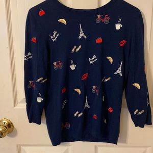 Brand new Talbots Parisian themed embroidery symbols on a navy background.